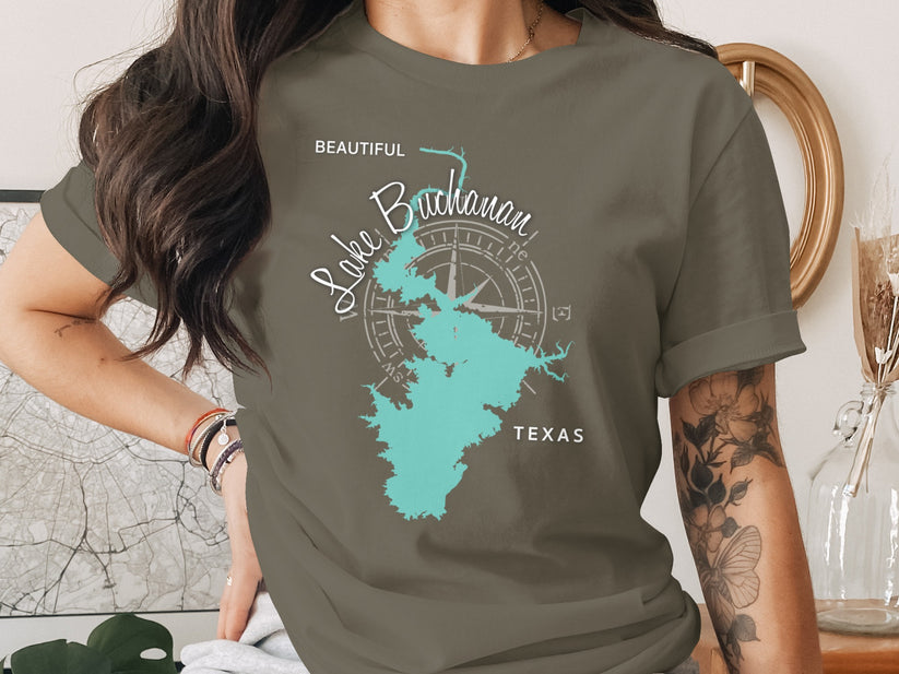 T-shirt with a teal outline map of Lake Buchanan, Texas and compass rose.