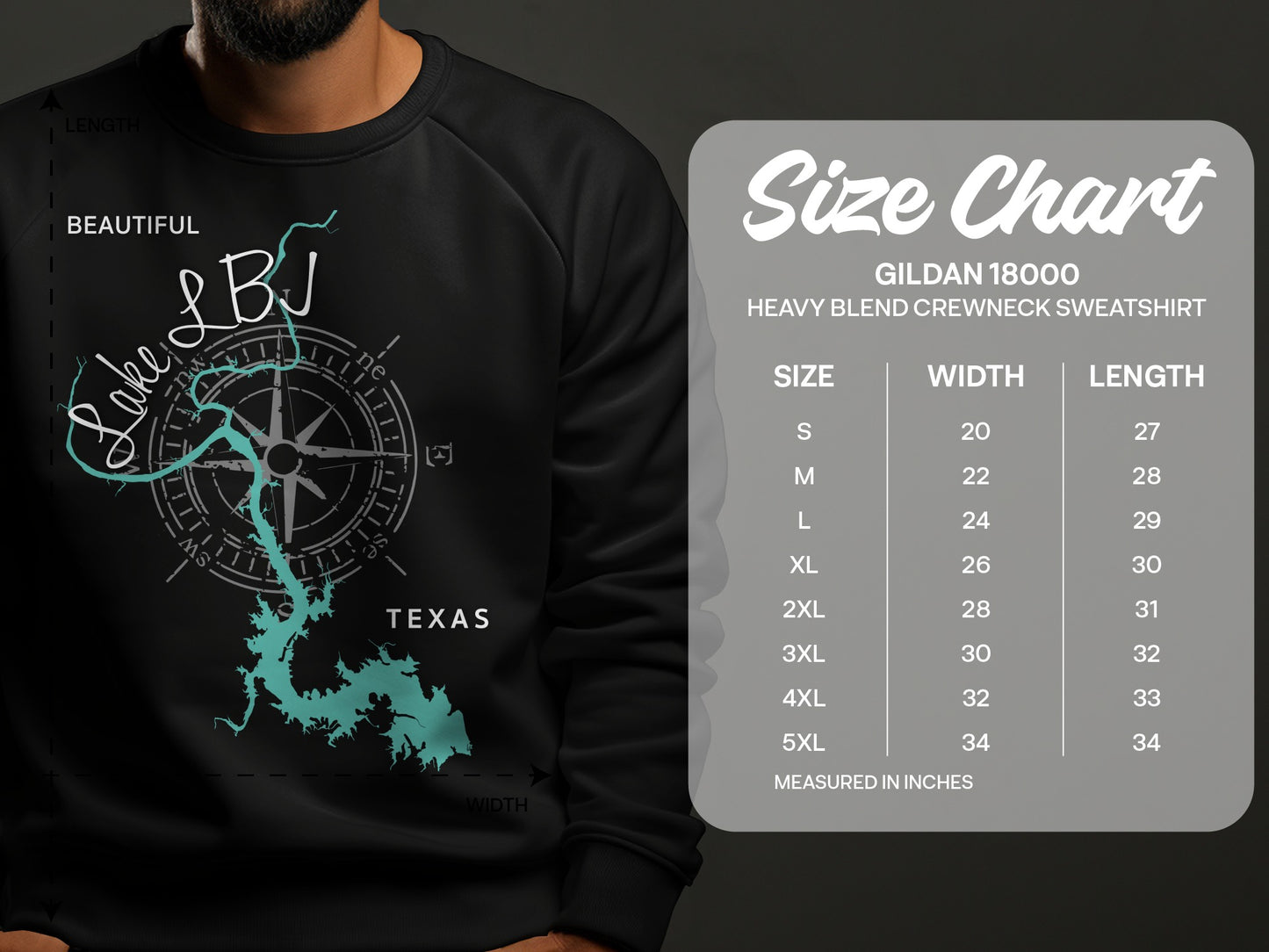 Lake LBJ Texas map graphic on a black sweatshirt, with a size chart.
