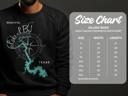 Lake LBJ Texas map graphic on a black sweatshirt, with a size chart.