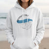 White hoodie with "Donner Lake California" graphic featuring a blue lake shape and compass.