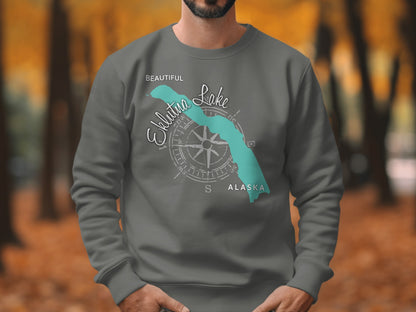 Gray sweatshirt with "Beautiful Eklutna Lake Alaska" text and compass design.