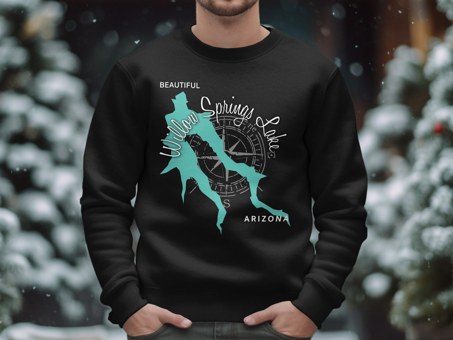 Black sweatshirt with "Willow Springs Lakes Arizona" and compass design.