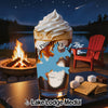 Glass with whipped cream topped drink, s'mores ingredients, campfire, and lake scene.