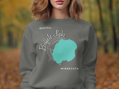 Buffalo Lake Minnesota graphic on a grey sweatshirt.