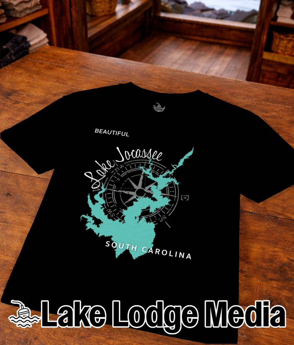 Black t-shirt with a teal Lake Jocassee outline and compass rose.