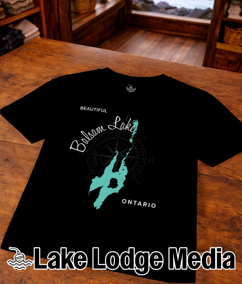 Black t-shirt with "Beautiful Balsam Lake Ontario" and compass graphic.