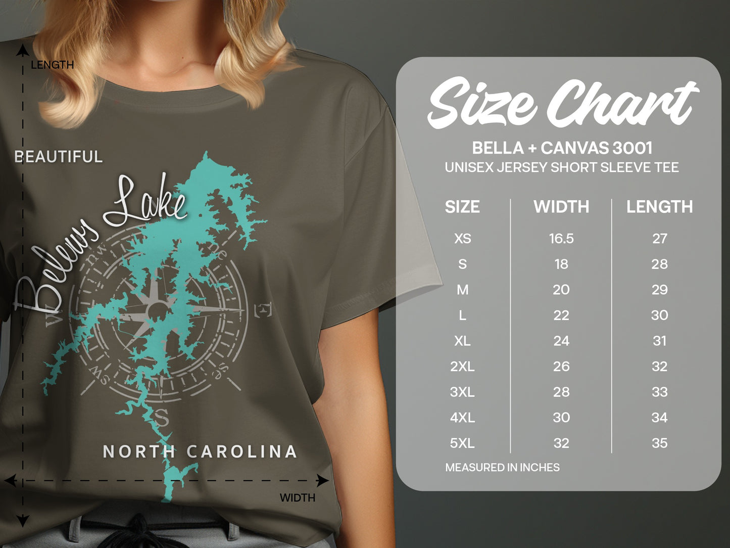 T-shirt size chart for Bella + Canvas 3001 unisex tee with lake graphic.