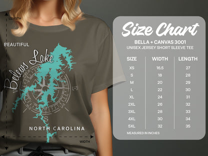 T-shirt size chart for Bella + Canvas 3001 unisex tee with lake graphic.