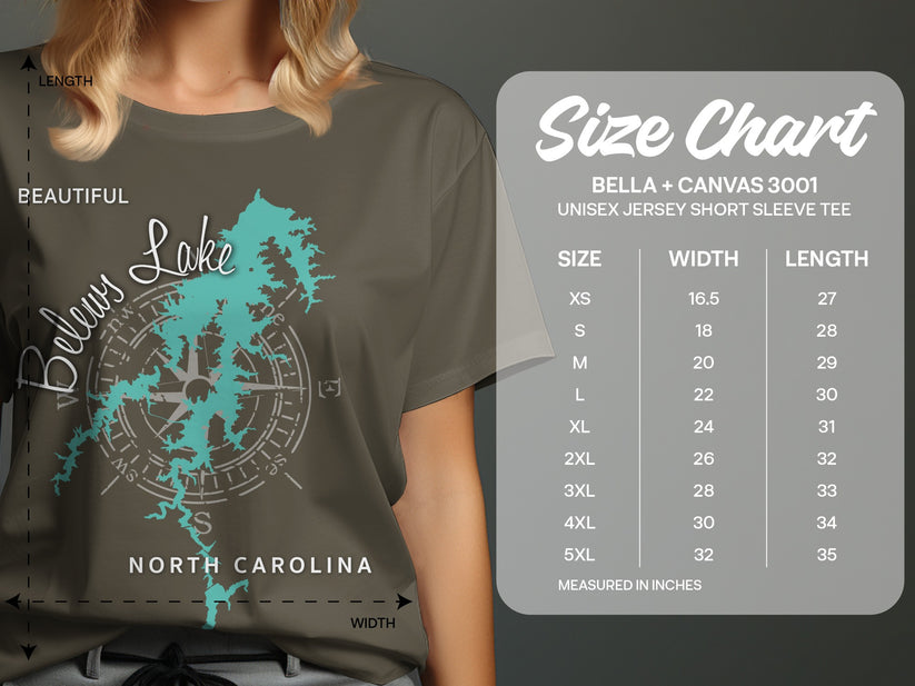 T-shirt size chart for Bella + Canvas 3001 unisex tee with lake graphic.