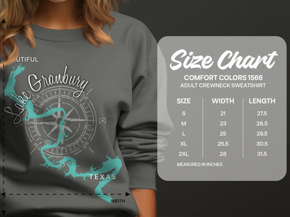 Size chart for Comfort Colors 1566 adult crewneck sweatshirt.
