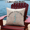 Flaming Gorge Lake Wyoming decorative pillow on a red chair by the water.