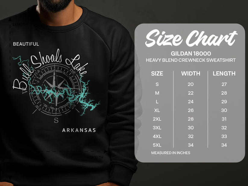 Crewneck sweatshirt with Bull Shoals Lake map and size chart.