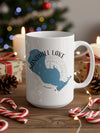White mug with blue Sandhill Lake, Wisconsin map and compass graphic.
