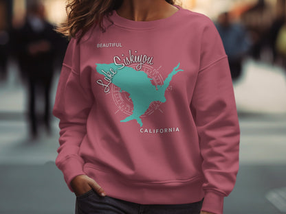 Crewneck sweatshirt with a teal graphic of Lake Siskiyou, California.