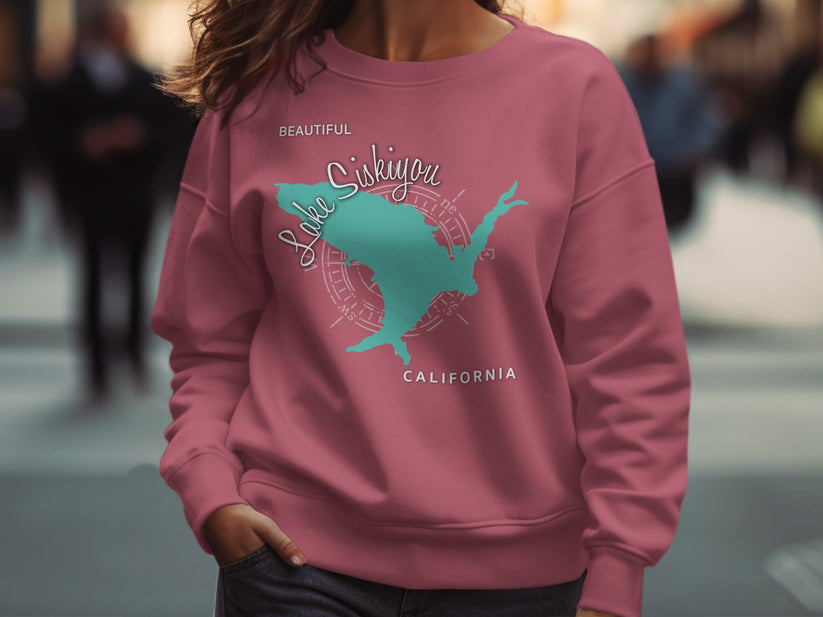 Crewneck sweatshirt with a teal graphic of Lake Siskiyou, California.