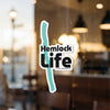 Sticker with "Hemlock Life" text and "Lake Lodge Media LLC" copyright.