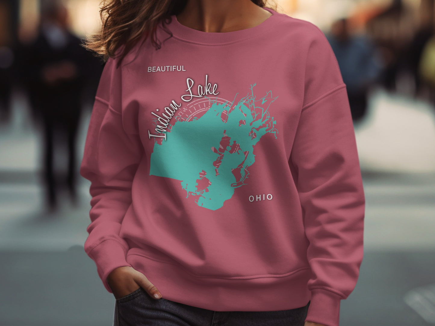 Rose pink sweatshirt with teal Indian Lake Ohio map design.