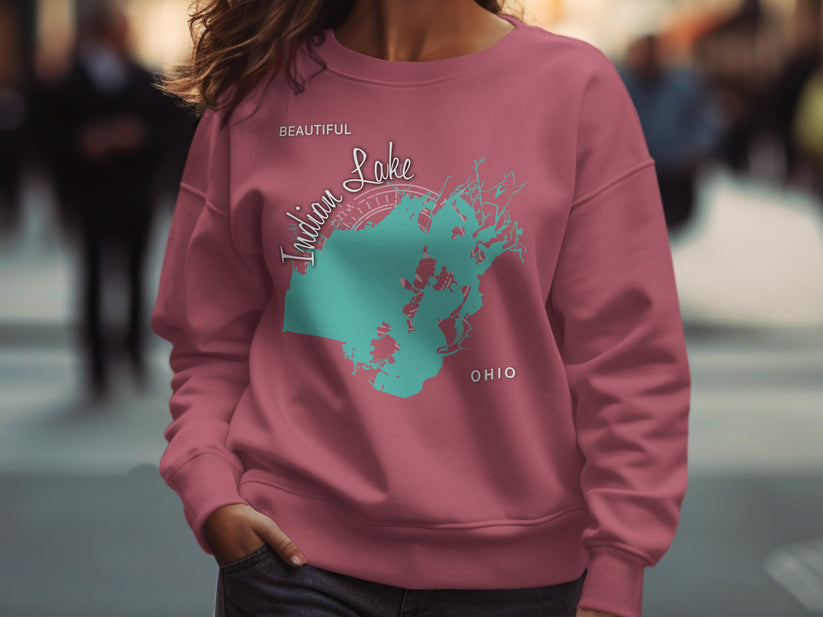 Rose pink sweatshirt with teal Indian Lake Ohio map design.