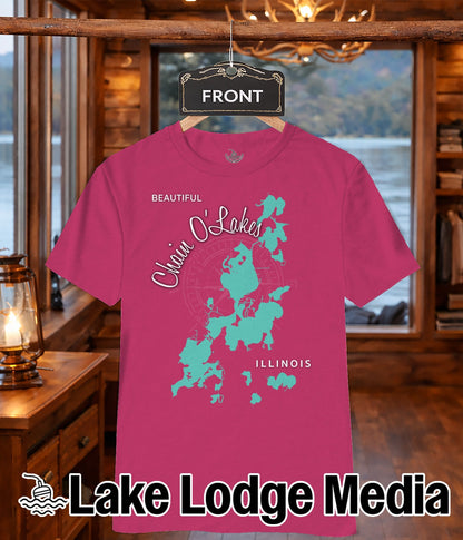 Pink t-shirt with a map of Chain O' Lakes Illinois and Lake Lodge Media logo.