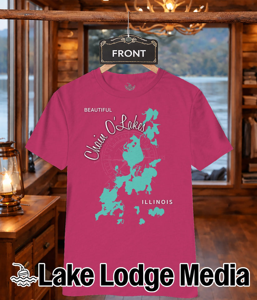 Pink t-shirt with a map of Chain O' Lakes Illinois and Lake Lodge Media logo.