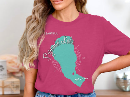 Pink t-shirt with turquoise Pyramid Lake map and "NEVADA" text.