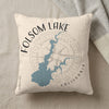 Throw pillow with Folsom Lake California map and compass design.
