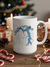 White mug with Lake Lotawana Missouri map and compass design.