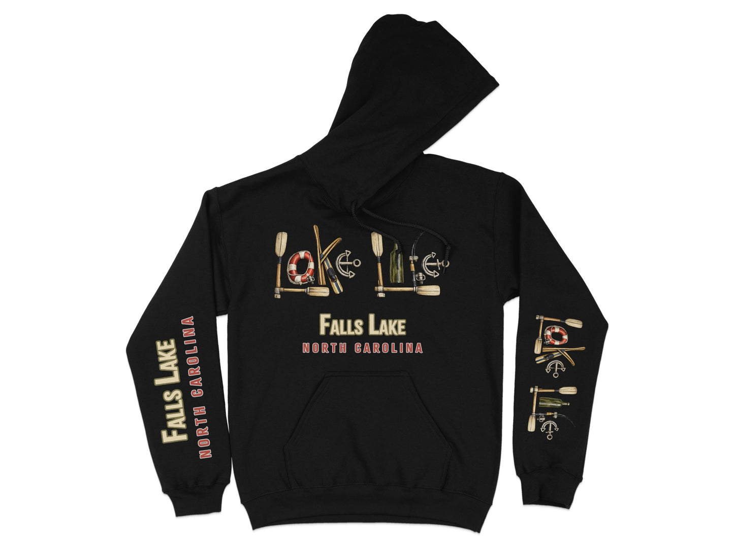 Black hoodie with "Falls Lake North Carolina" and nautical graphics on the front and sleeves.
