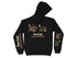 Black hoodie with "Falls Lake North Carolina" and nautical graphics on the front and sleeves.