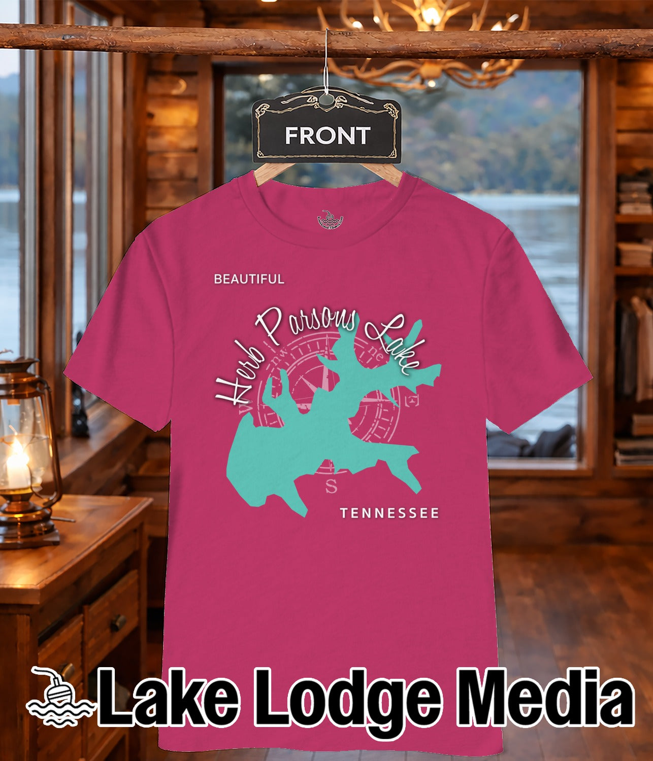 Pink t-shirt with "Herb Parsons Lake Tennessee" text and teal lake outline.