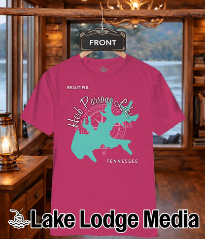 Pink t-shirt with "Herb Parsons Lake Tennessee" text and teal lake outline.