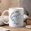 White mug with Boone Lake map and compass graphic, showing Tennessee.
