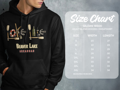 Beaver Lake Arkansas graphic on a Gildan 18500 hooded sweatshirt size chart.