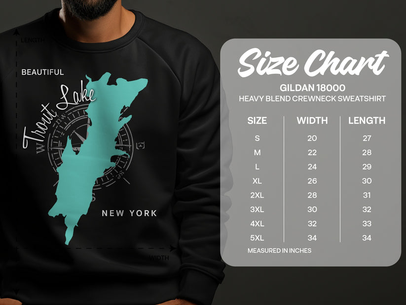 Trout Lake New York map on a Gildan 18000 sweatshirt size chart.