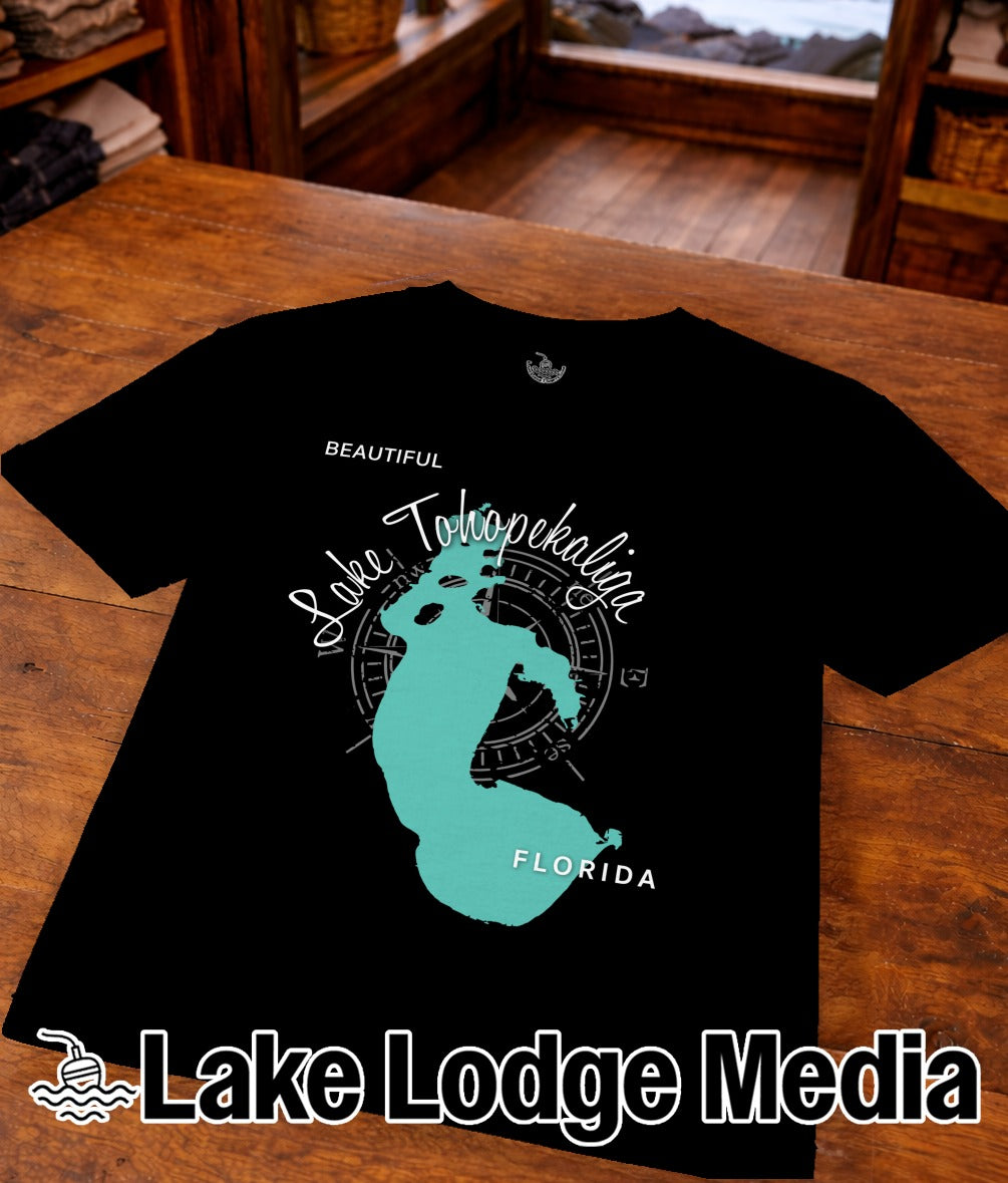 Black t-shirt with turquoise Lake Tohopekaliga map and "Lake Lodge Media" logo.