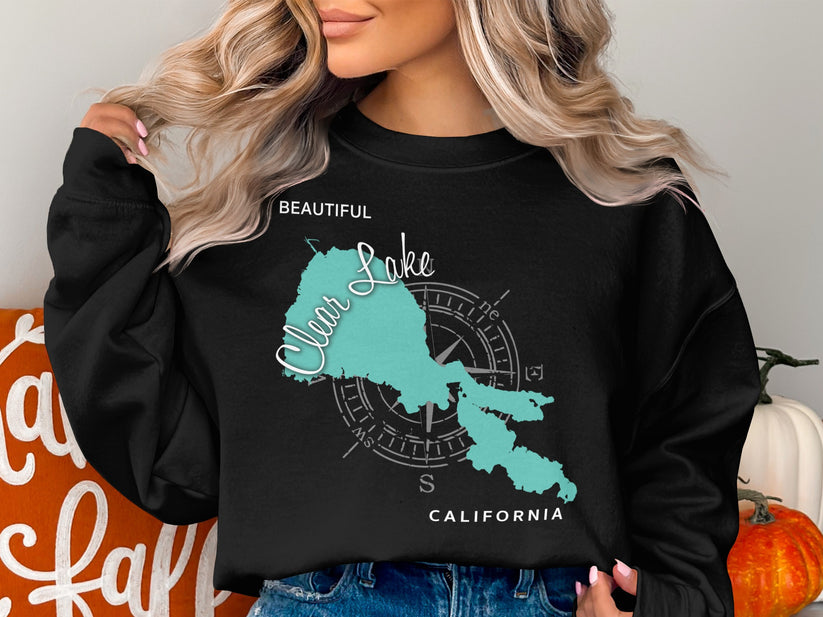 Black sweatshirt with a turquoise Clear Lake, California map and compass graphic.