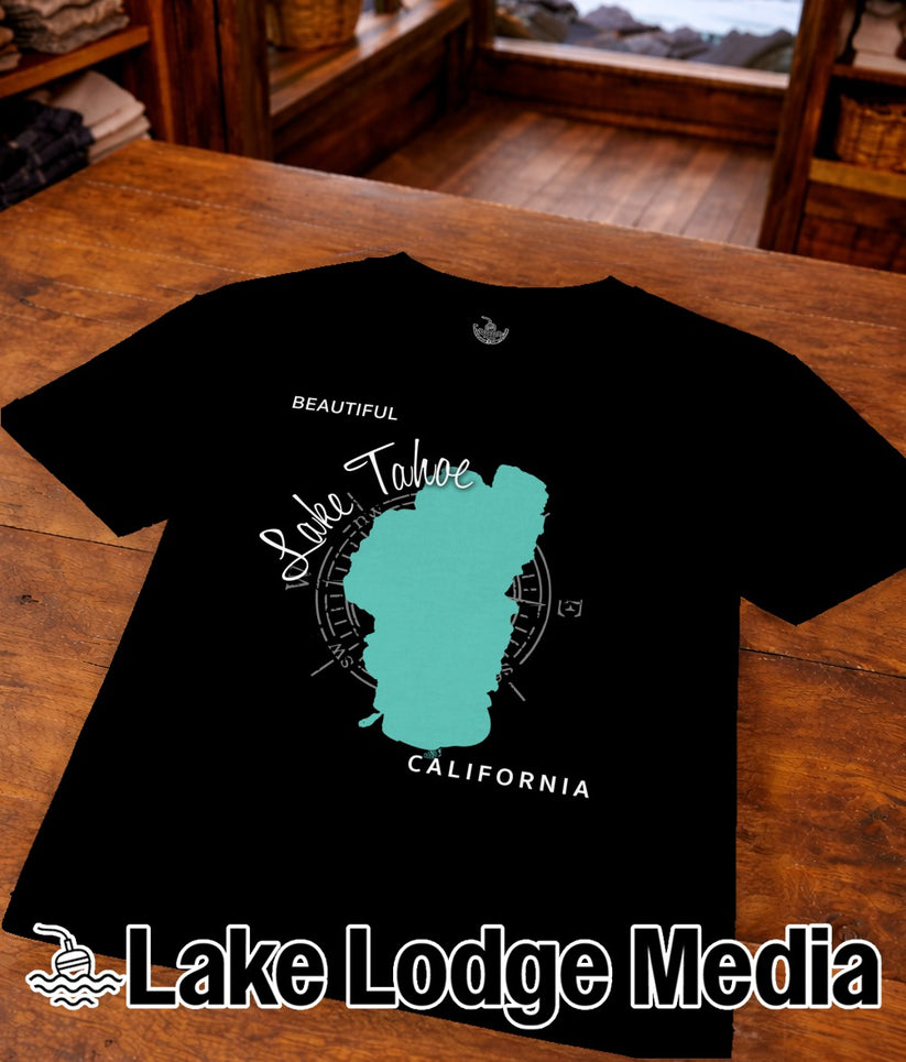 Black t-shirt with "Beautiful Lake Tahoe California" graphic and compass rose.