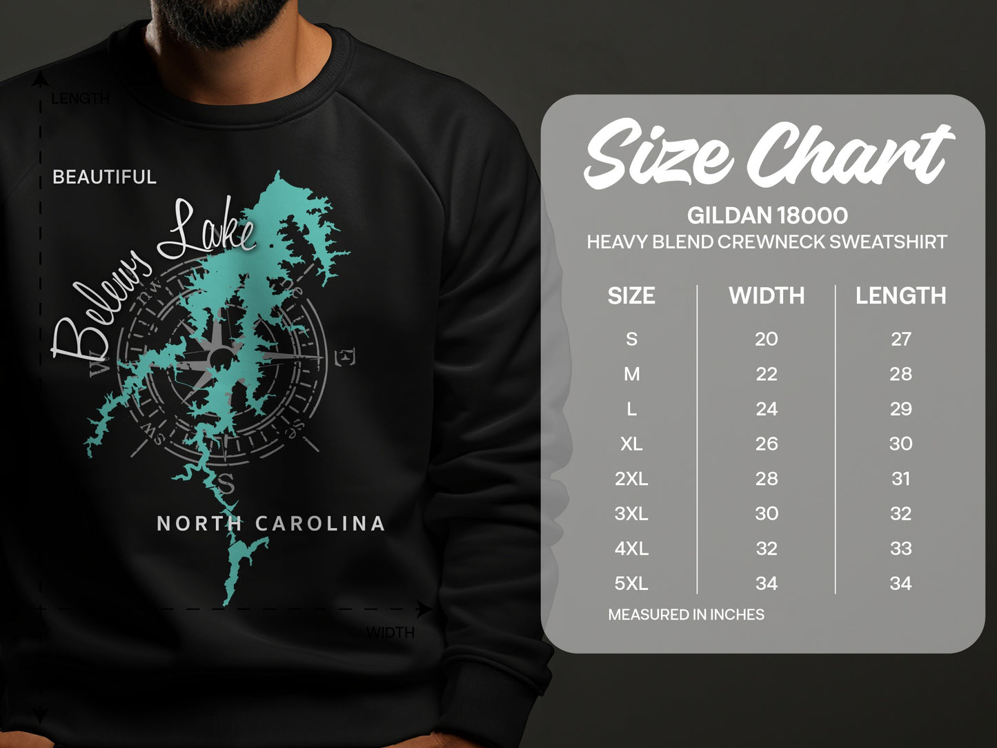 Belews Lake, North Carolina map on dark sweatshirt, with size chart.