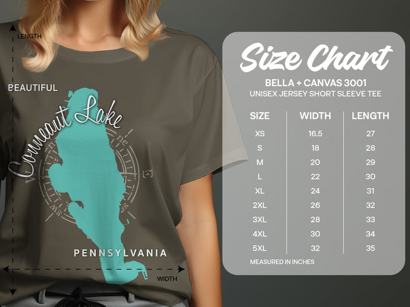 Bella + Canvas 3001 size chart with Conneaut Lake graphic.