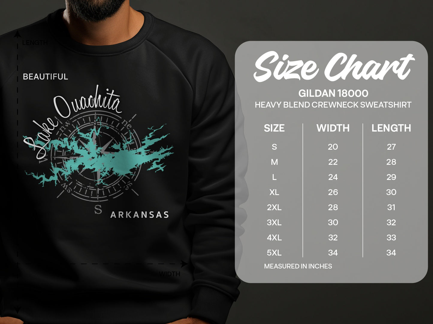 Crewneck sweatshirt with "Lake Ouachita Arkansas" compass graphic and size chart.