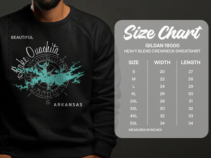 Crewneck sweatshirt with "Lake Ouachita Arkansas" compass graphic and size chart.