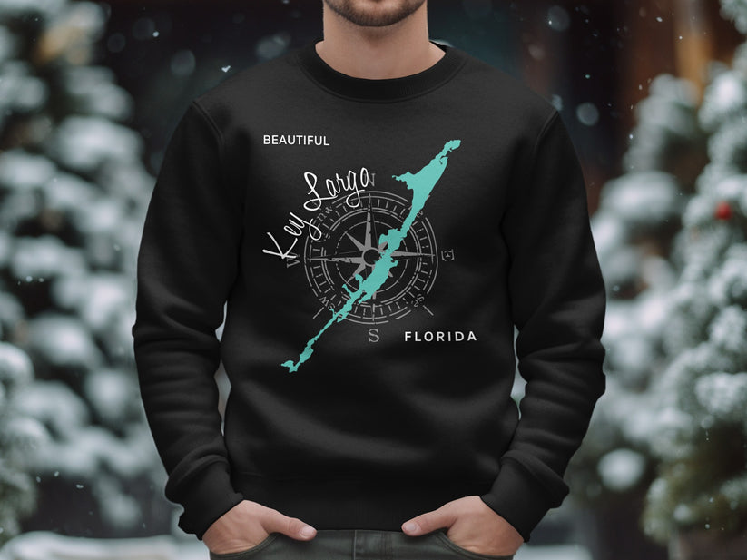 Black sweatshirt with Key Largo map and compass design on chest.