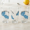 Three clear glasses with blue Clearwater Lake maps and Minnesota text.