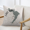 Pillow with Lake Waco map graphic and compass rose, text "Texas".
