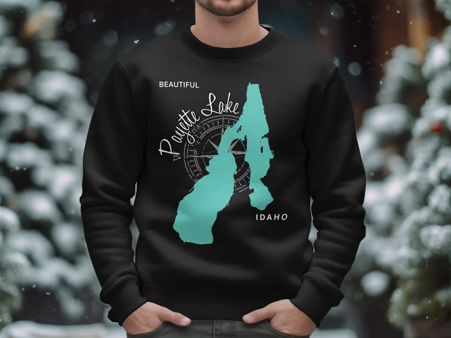 Black sweatshirt with "Puyallup Lake Idaho" map design and compass graphic.
