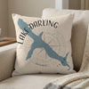 Pillow with blue Lake Darling map, compass, and "Iowa" text.