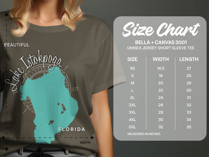 T-shirt featuring Lake Istokpoga map and size chart for Bella+Canvas 3001 tee.