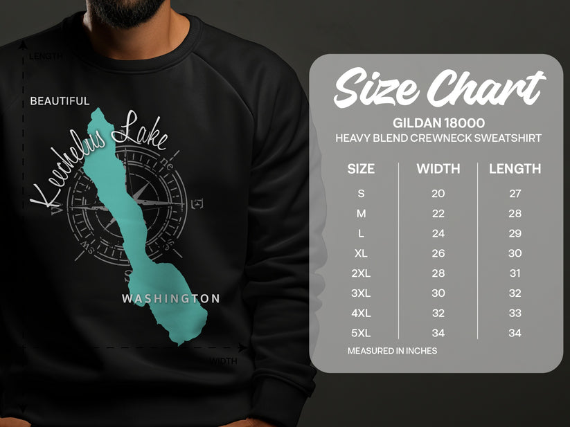 Keechelus Lake graphic on black sweatshirt with size chart.