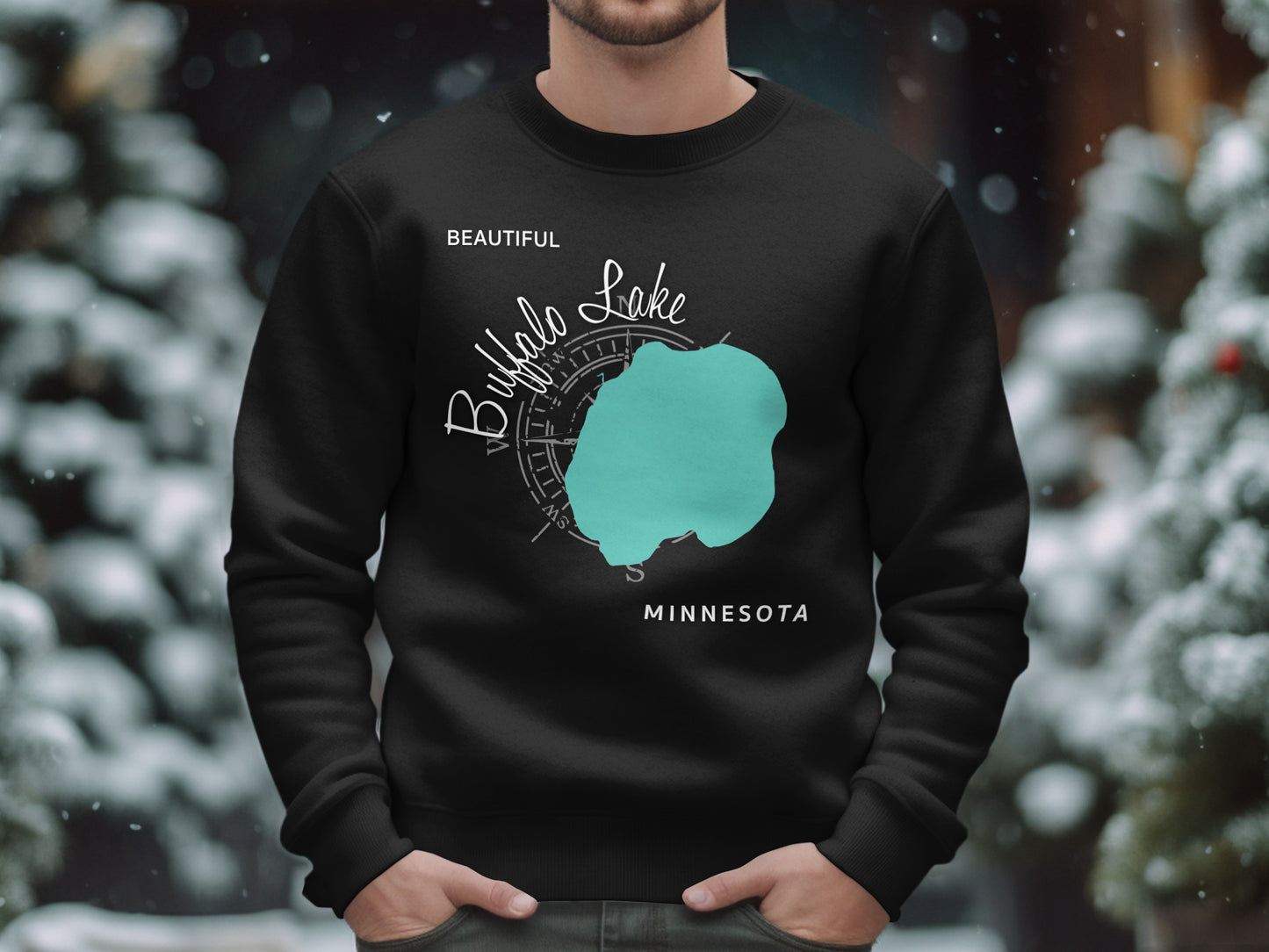 Black sweatshirt with Buffalo Lake Minnesota map and compass design.