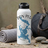 White water bottle with a blue lake map graphic and "DON PED" text.